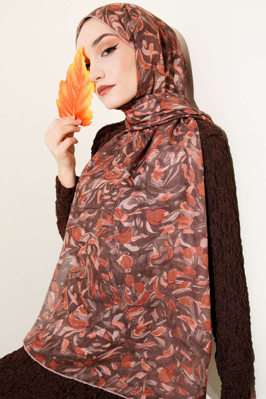 Botanik Desen Demore Şal Kahve