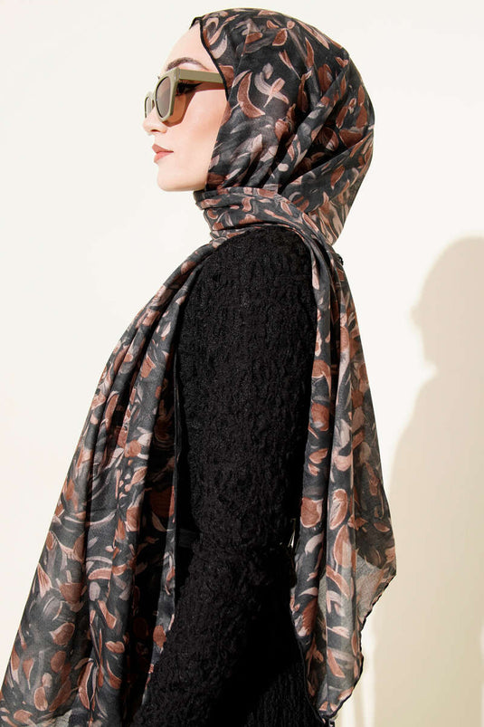 Botanik Desen Demore Şal Siyah
