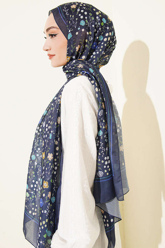 Châle doux à motif botanique bleu marine