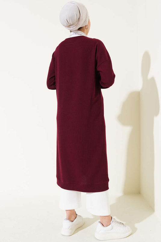 Buttoned Ribbed Long Cardigan in Burgundy