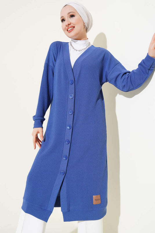 Boy Buttoned Ribbed Long Cardigan Indigo