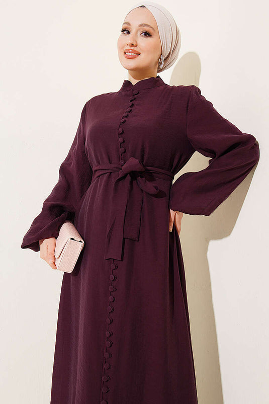 Full-Length British Buttoned Belted Dress Burgundy