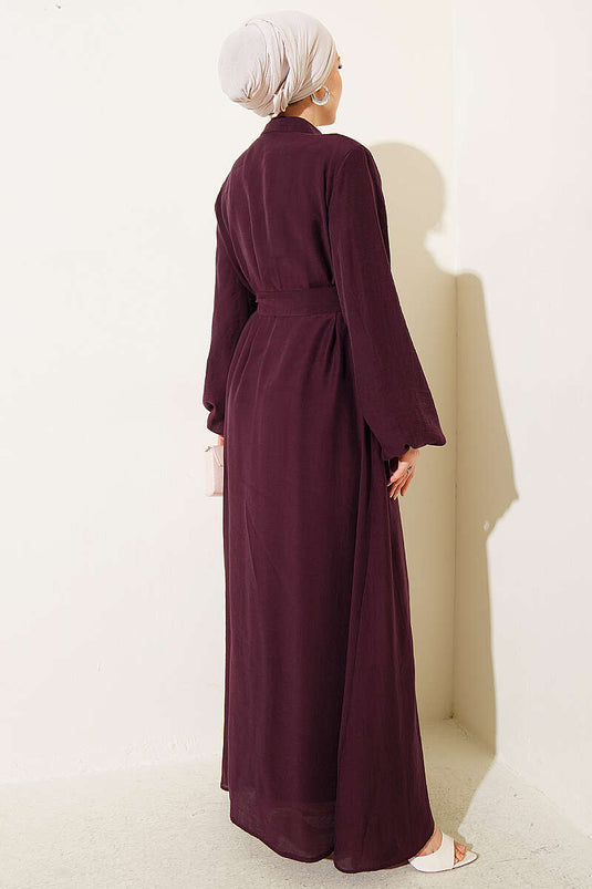 Full-Length British Buttoned Belted Dress Burgundy