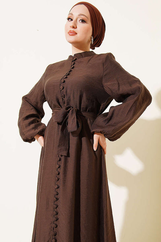 Full-Length British Buttoned Belted Dress Brown