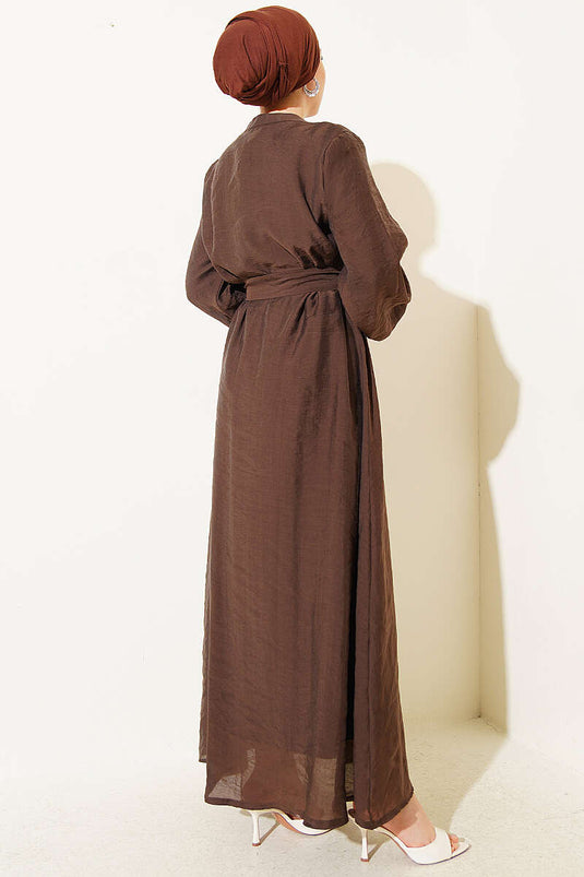 Full-Length British Buttoned Belted Dress Brown