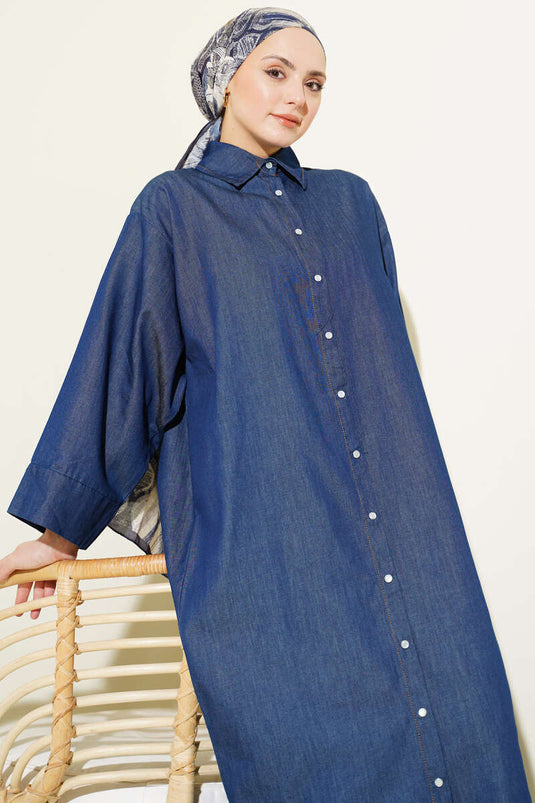 Long Denim Tunic with Full Snap Buttons Navy Blue