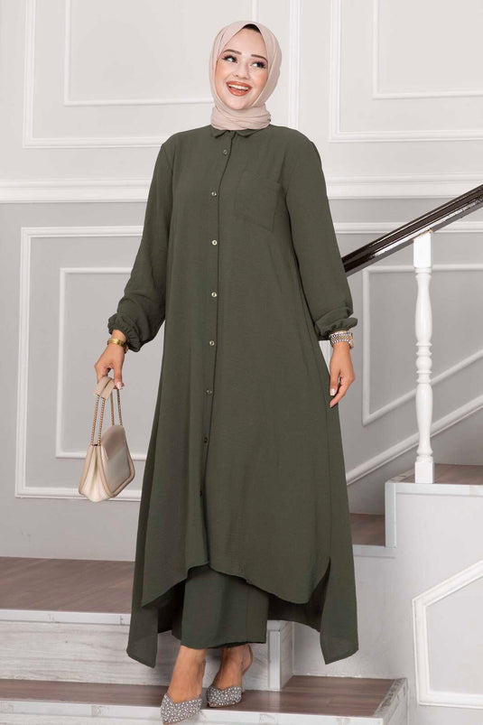 Buttoned Aerobin Hijab Two-Piece Set Khaki