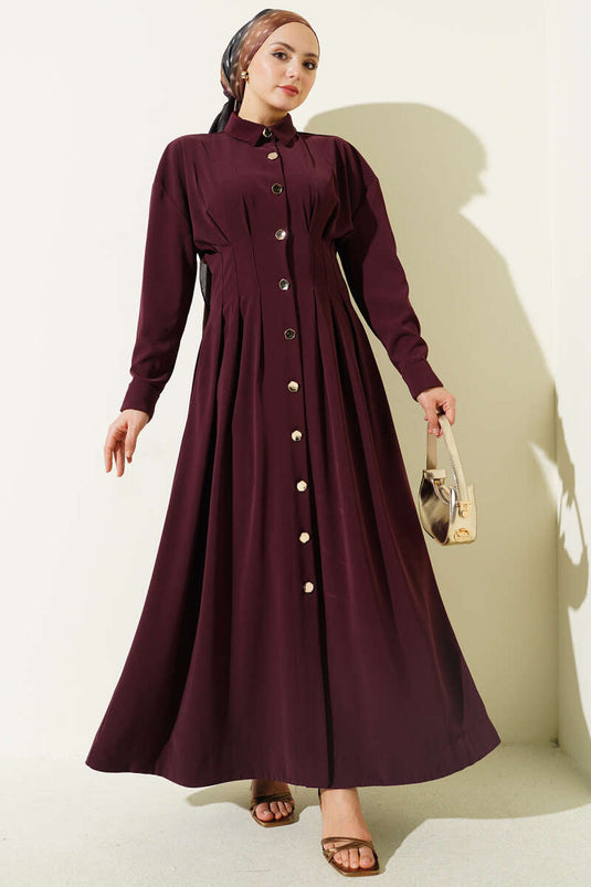 Robe cintrée à boutons sur toute la longueur, taille plissée, bordeaux