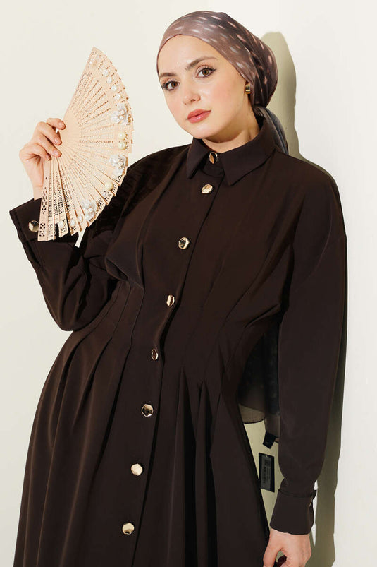Full-Length Buttoned Waist-Pleated Dress Brown