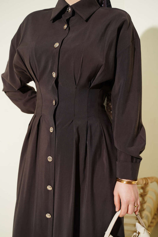 Ganzknöpfiges, tailliertes Modal-Kleid in Bitterbraun