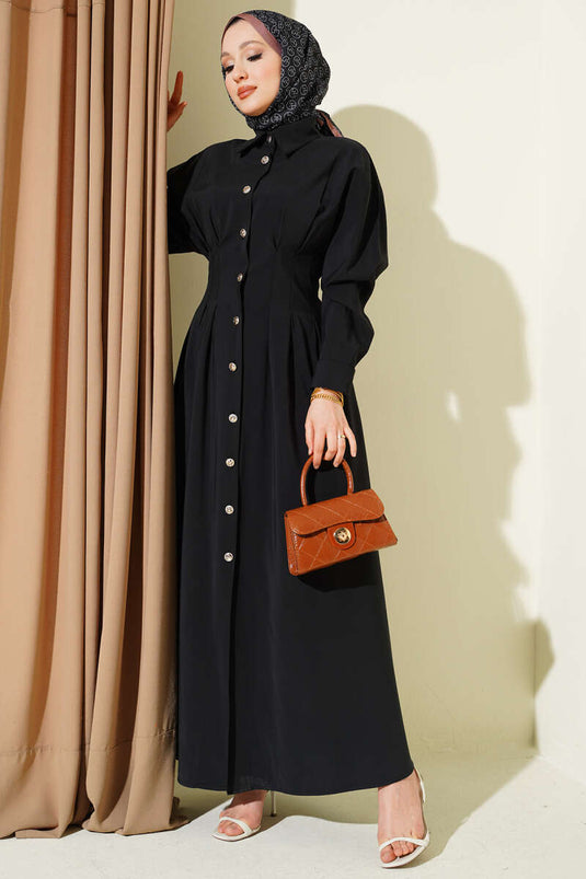 Robe Modale Cintrée à Boutons sur Toute la Longueur Noir