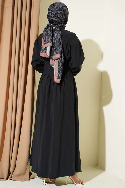 Robe Modale Cintrée à Boutons sur Toute la Longueur Noir