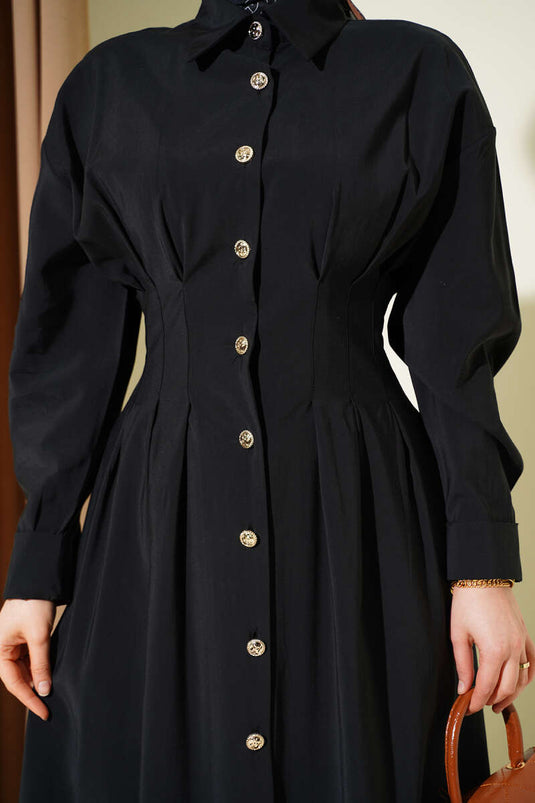 Robe Modale Cintrée à Boutons sur Toute la Longueur Noir