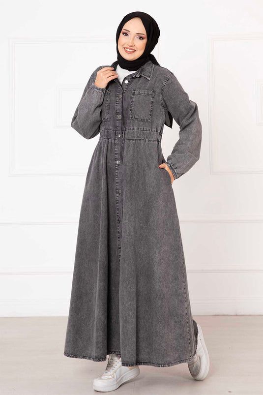 Buttoned Boyfriend Style Elastic Waist Denim Dress Charcoal