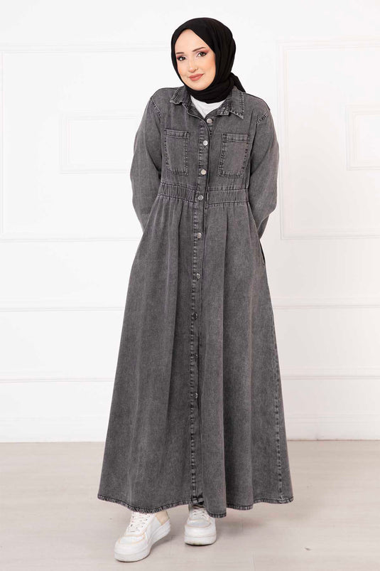 Buttoned Boyfriend Style Elastic Waist Denim Dress Charcoal