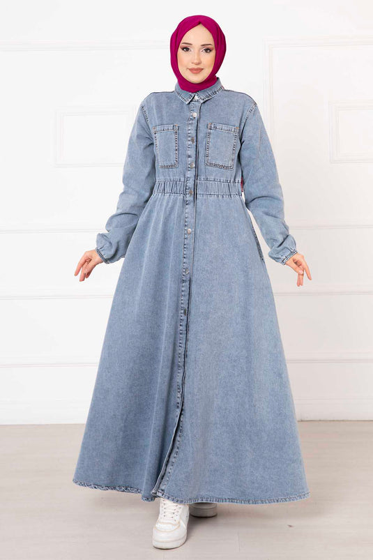 Buttoned Boyfriend Style Elastic Waist Denim Dress Blue