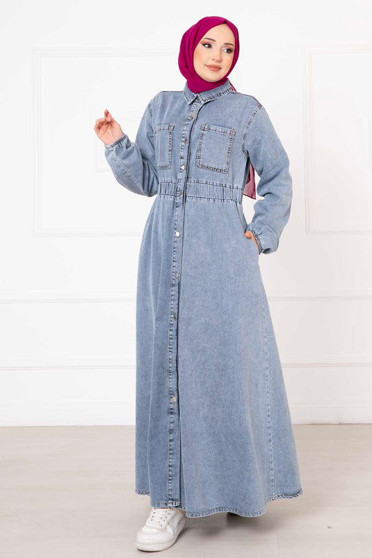 Buttoned Boyfriend Style Elastic Waist Denim Dress Blue