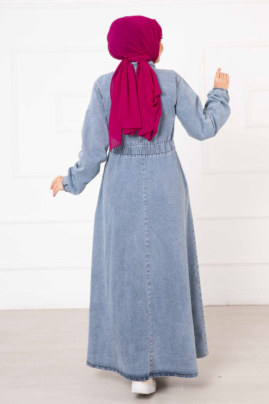 Buttoned Boyfriend Style Elastic Waist Denim Dress Blue