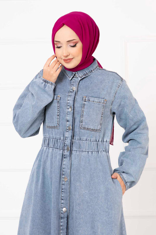 Buttoned Boyfriend Style Elastic Waist Denim Dress Blue