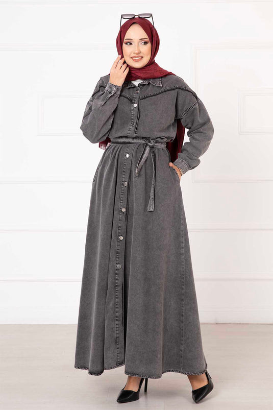 Robe En Jean Taille Ceinturée Boutonnée Fumé