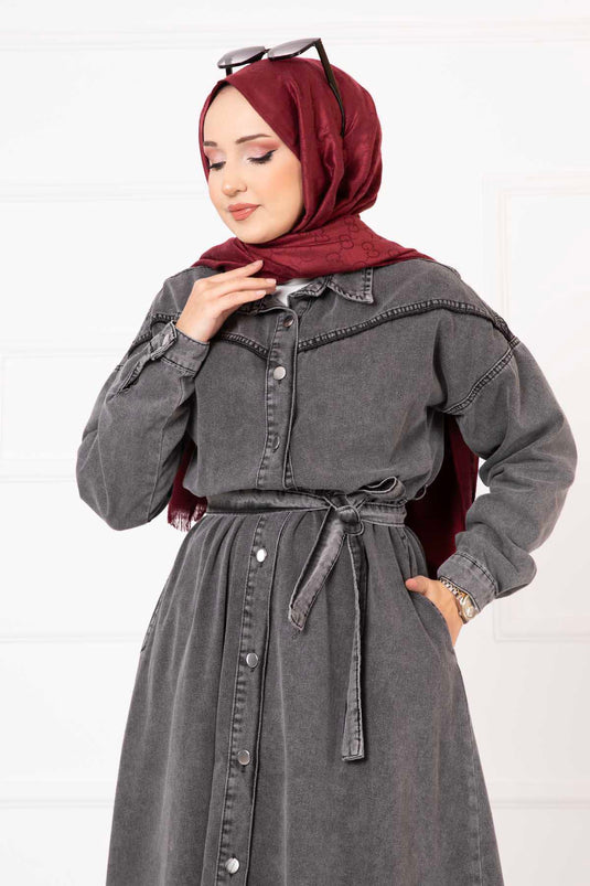 Buttoned Boyfriend Style Denim Dress with Belt in Charcoal