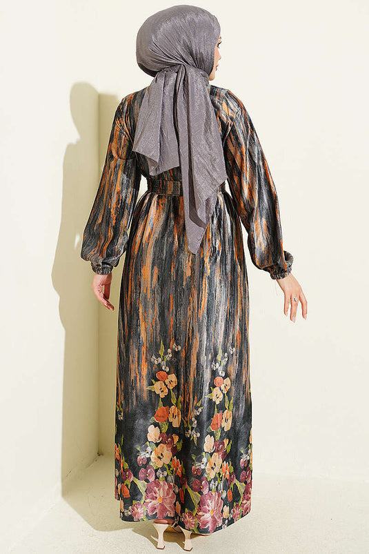 Samtdress Mit Knöpfen Und Muster In Rauchgrau