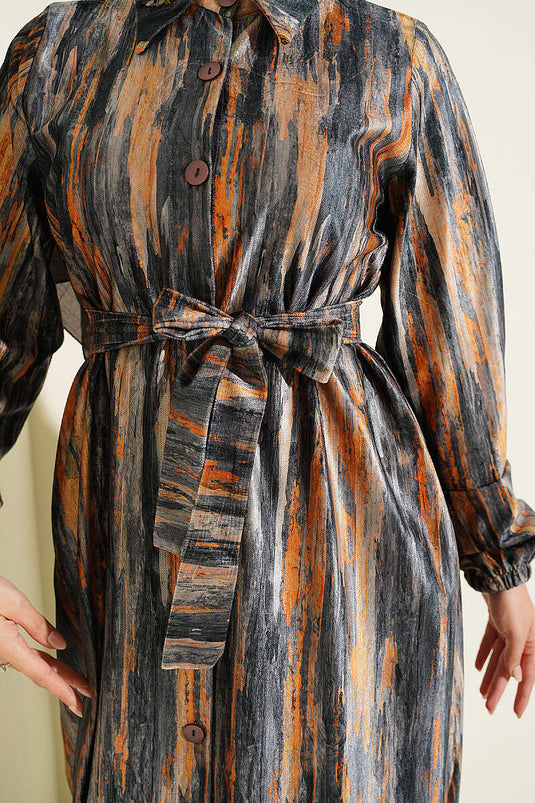 Samtdress Mit Knöpfen Und Muster In Rauchgrau