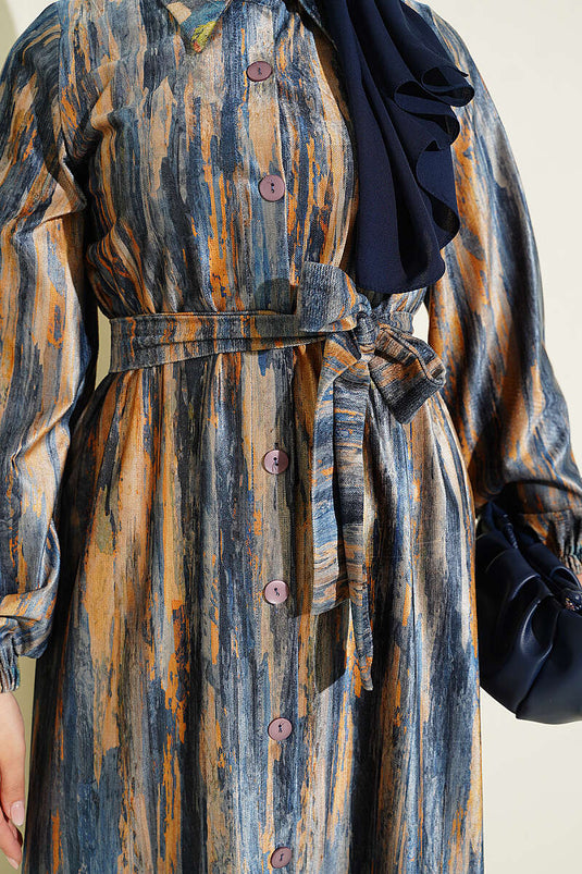 Blauw Velvet Jurk Met Knopen En Dessin