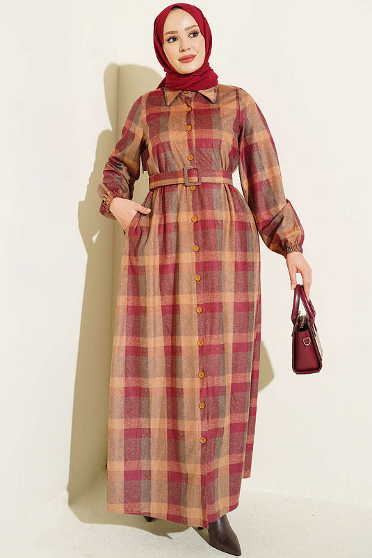 Bordeaux Kariertes Hemdblusenkleid