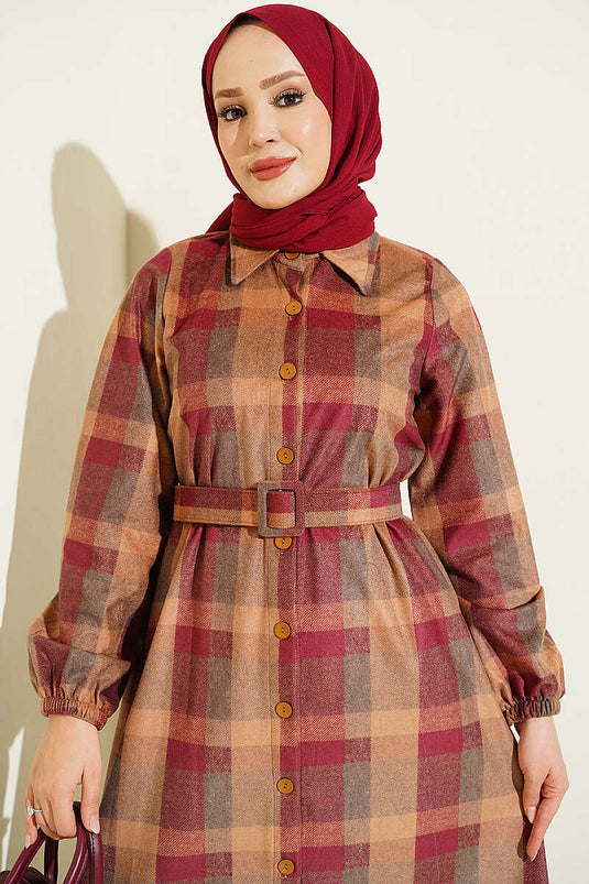 Bordeaux Kariertes Hemdblusenkleid