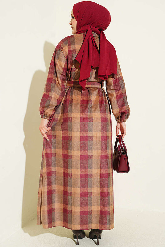 Bordeaux Kariertes Hemdblusenkleid