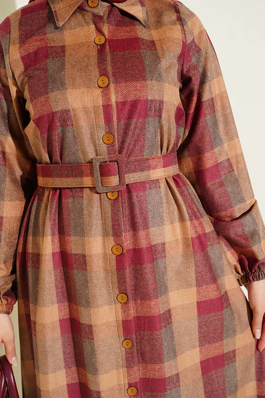 Bordeaux Kariertes Hemdblusenkleid
