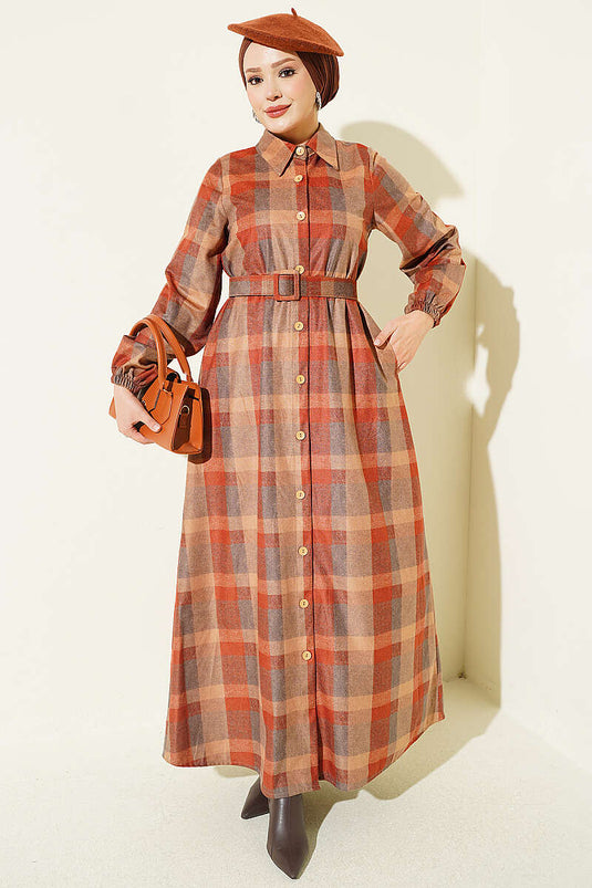 Camel Karo-Kleid Mit Knöpfen