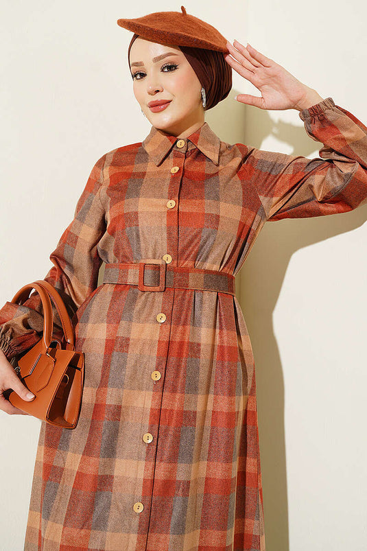 Camel Karo-Kleid Mit Knöpfen