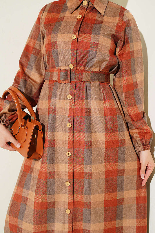 Camel Karo-Kleid Mit Knöpfen
