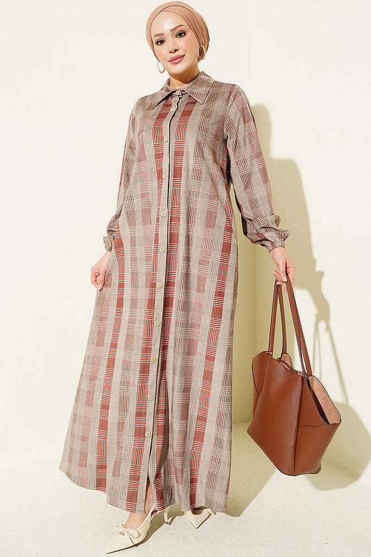 Knop-Down Geruit Fluwelen Jurk Taupe
