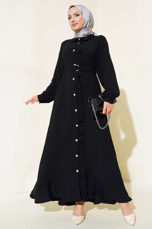 Robe Boutonnée À Volants Noir