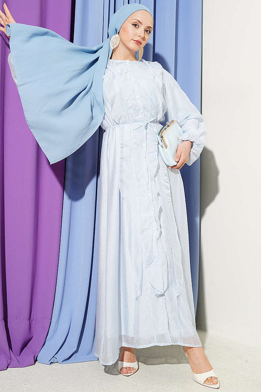 Full-Length Buttoned Dress with Ruffles and Rope Belt Baby Blue
