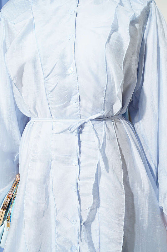 Full-Length Buttoned Dress with Ruffles and Rope Belt Baby Blue