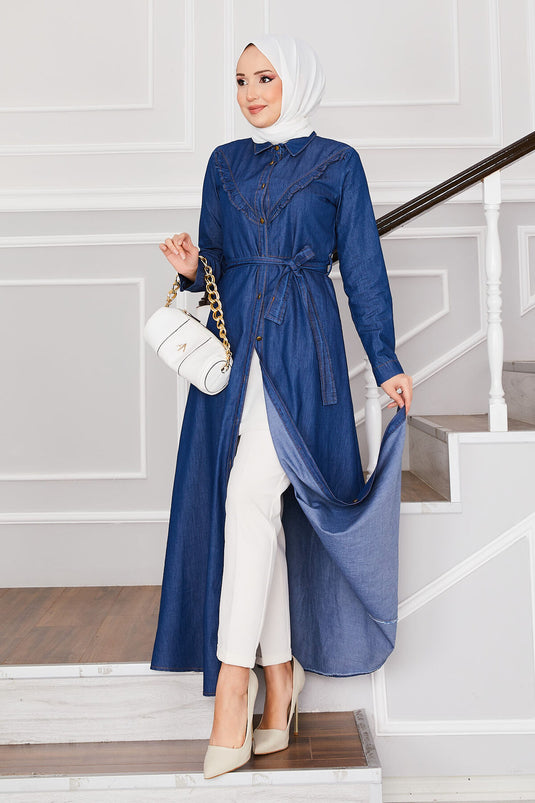 Buttoned Ruffled Modest Denim Dress Blue