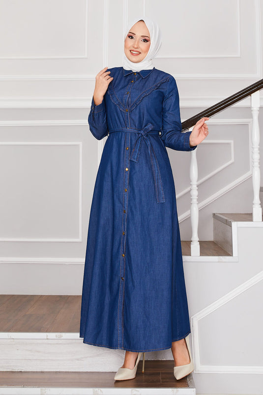 Buttoned Ruffled Modest Denim Dress Blue