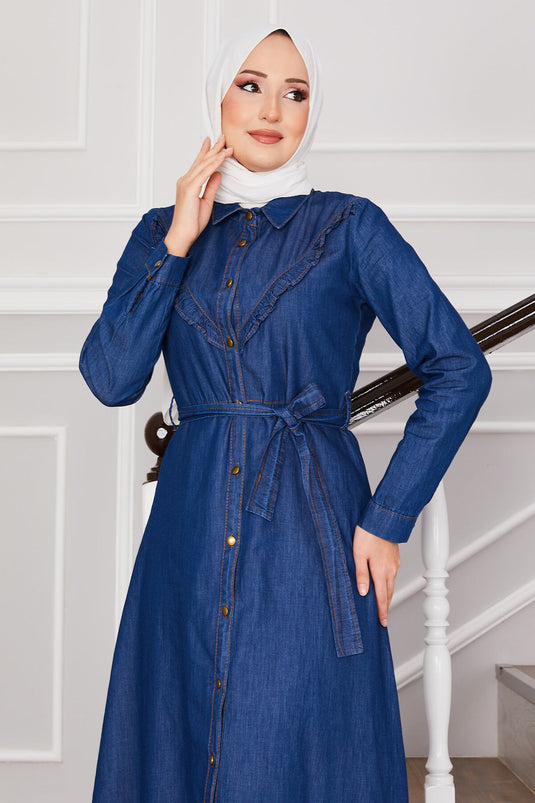 Buttoned Ruffled Modest Denim Dress Blue