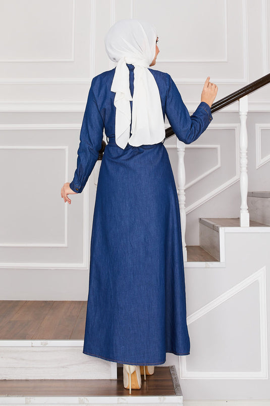 Robe en jean boutonnée à volants bleu