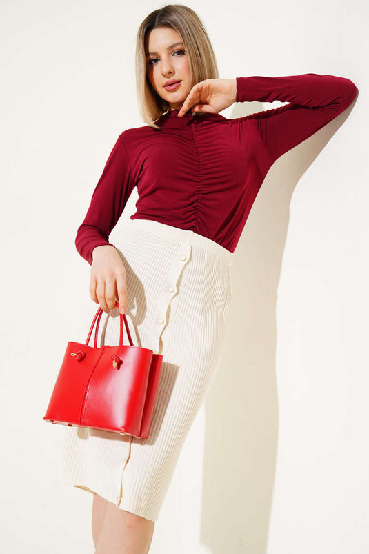 Buttoned Ribbed Knit Midi Skirt Beige