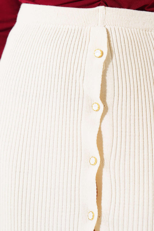 Buttoned Ribbed Knit Midi Skirt Beige