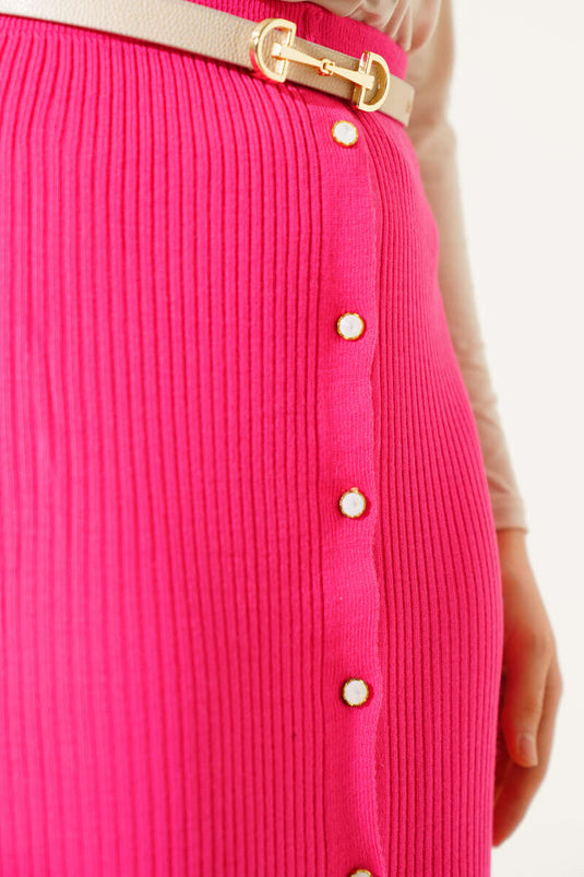 Buttoned Ribbed Knit Midi Skirt Fuchsia