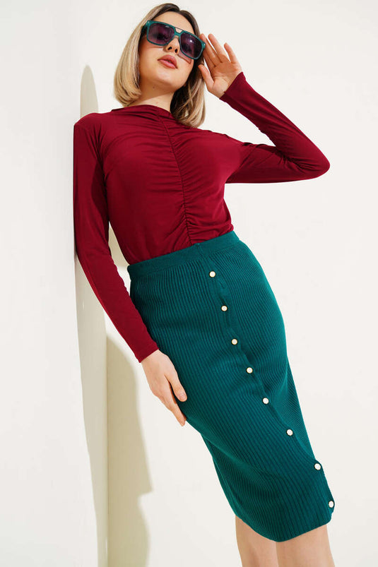 Buttoned Ribbed Knit Midi Skirt Emerald