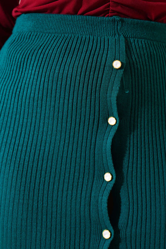 Buttoned Ribbed Knit Midi Skirt Emerald