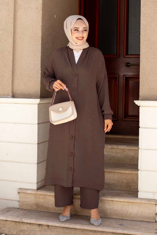 Buttoned Aerobin Hijab Two-Piece Set Brown