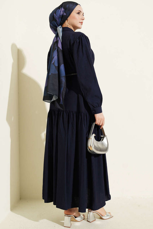 Full-Length Buttoned Dress with Drawstring Navy Blue